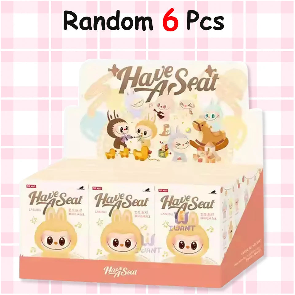 Box of 'Have A Seat' products with cartoon characters on a pink checkered background