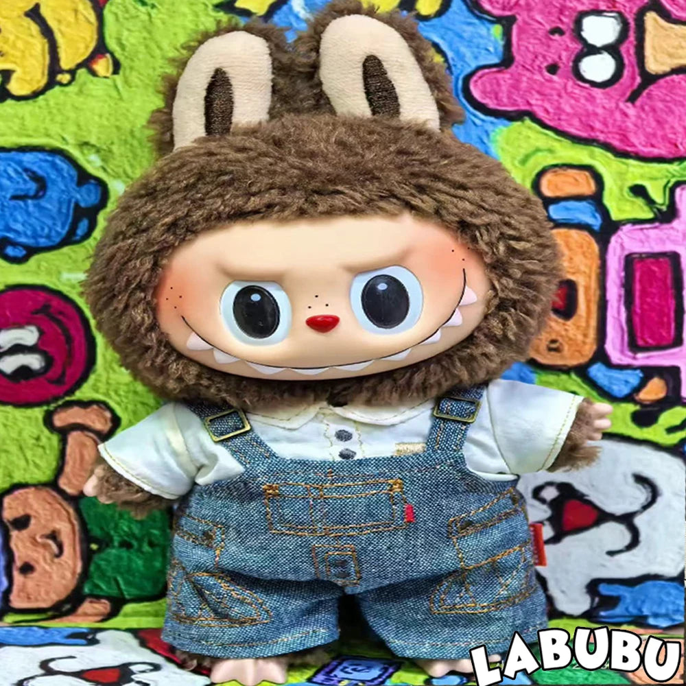 Toy figure with brown hair and denim overalls on a colorful background
