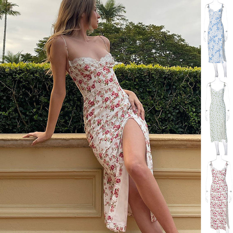 Lace Flowers Print Long Dress Slit Suspender