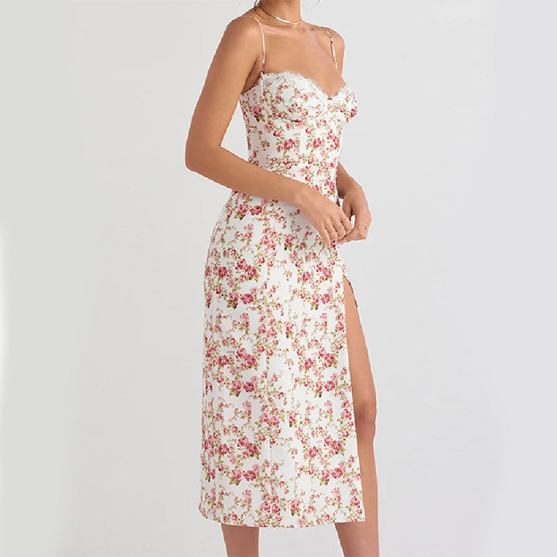Lace Flowers Print Long Dress Slit Suspender