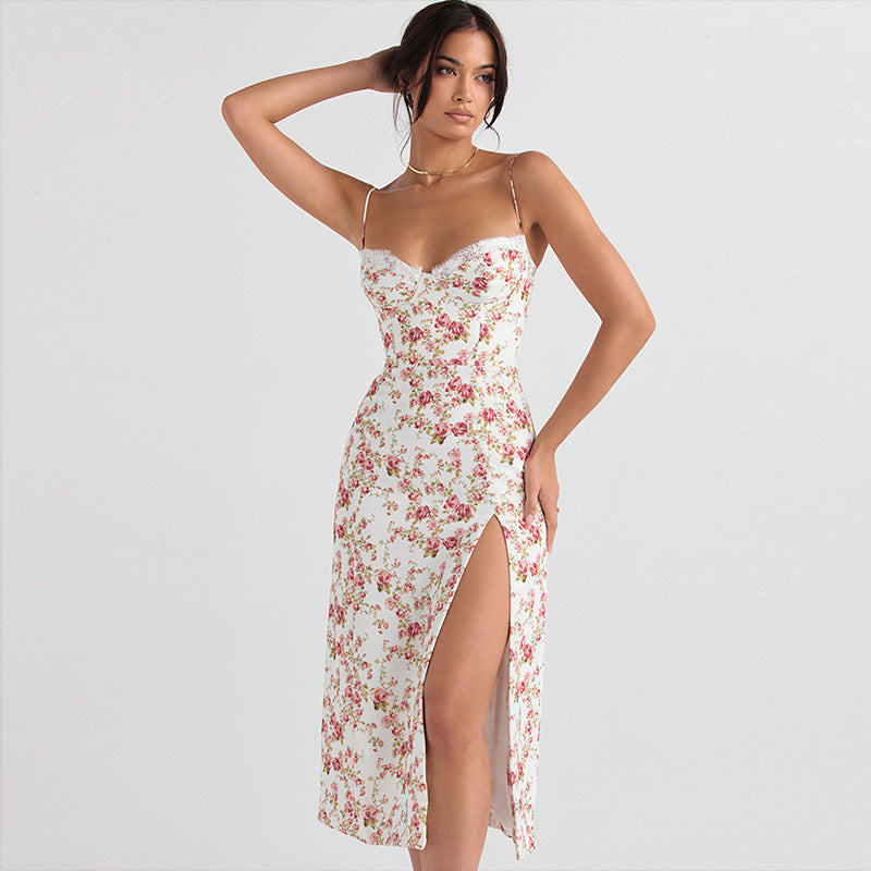 Lace Flowers Print Long Dress Slit Suspender