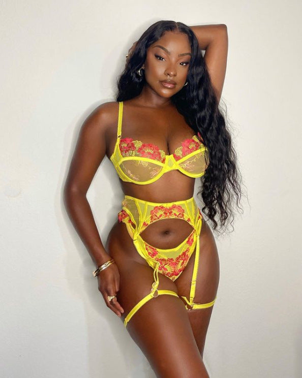 Lingerie Flower Embroidery Three-piece Female