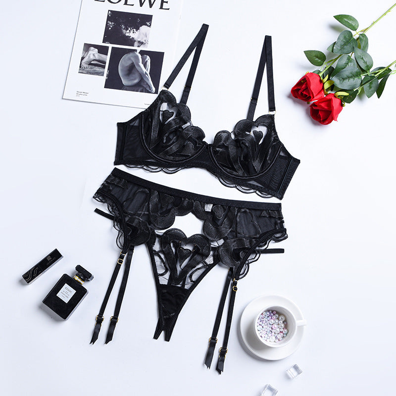 Lingerie Set Mesh Embroidered Gather Suspenders