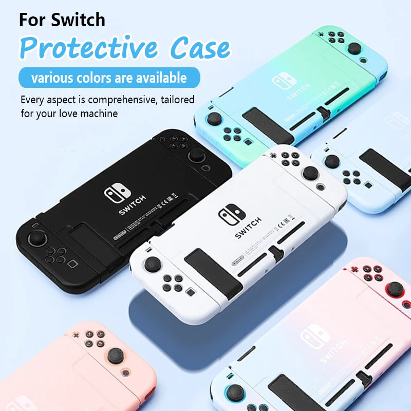 Protective cases for Nintendo Switch in various colors on a light blue background