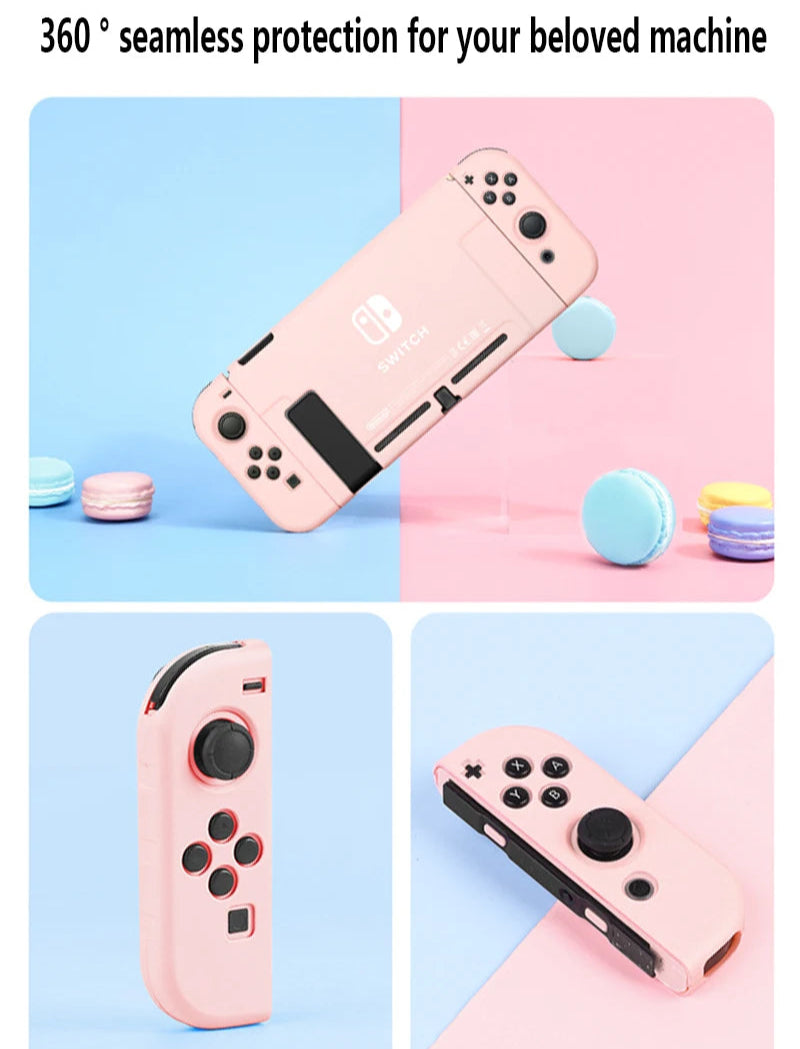 Pink gaming console with Joy-Con controllers on a colorful background
