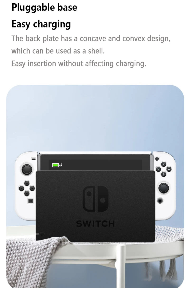 Nintendo Switch console with pluggable base and easy charging feature on a light blue background