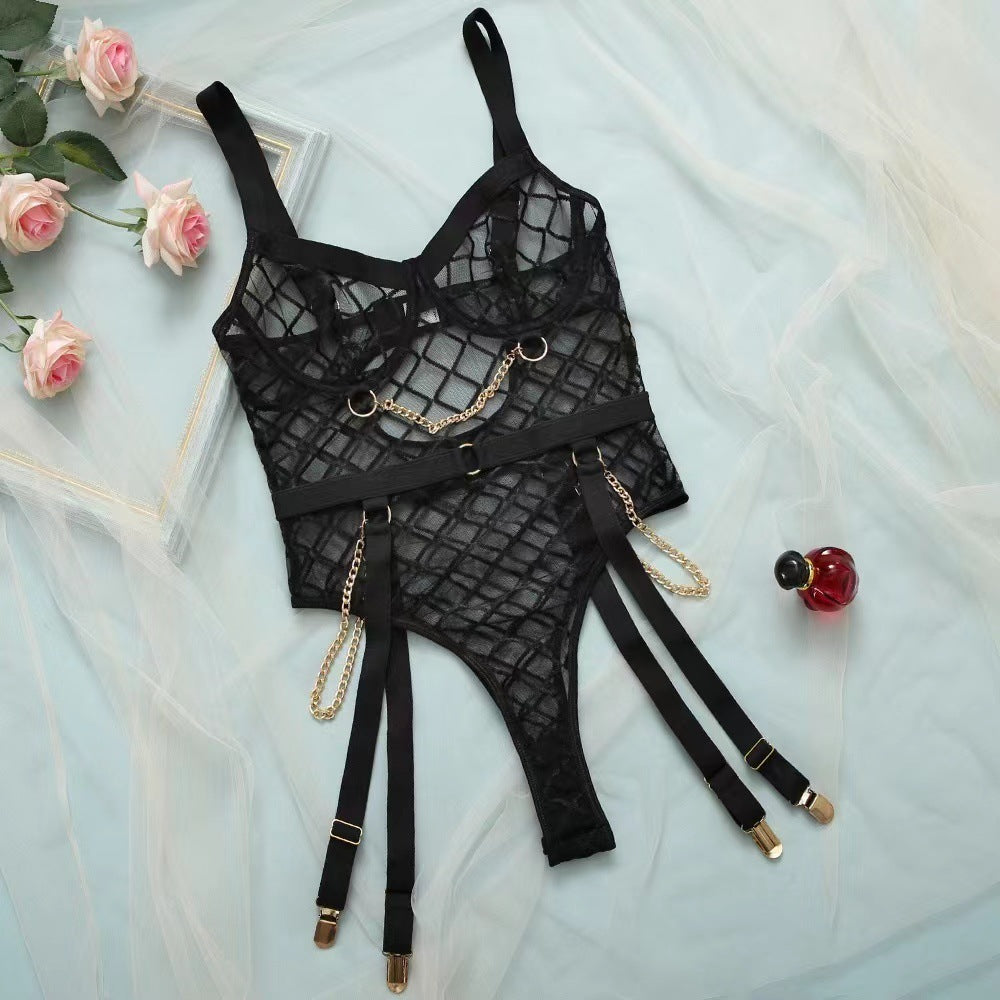 One-piece Lingerie Metal Chain Grid Passion