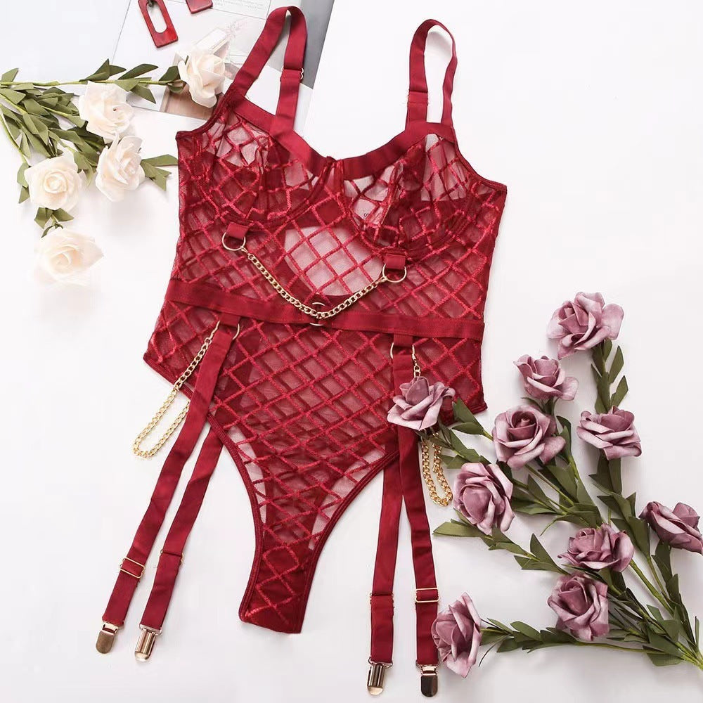 One-piece Lingerie Metal Chain Grid Passion