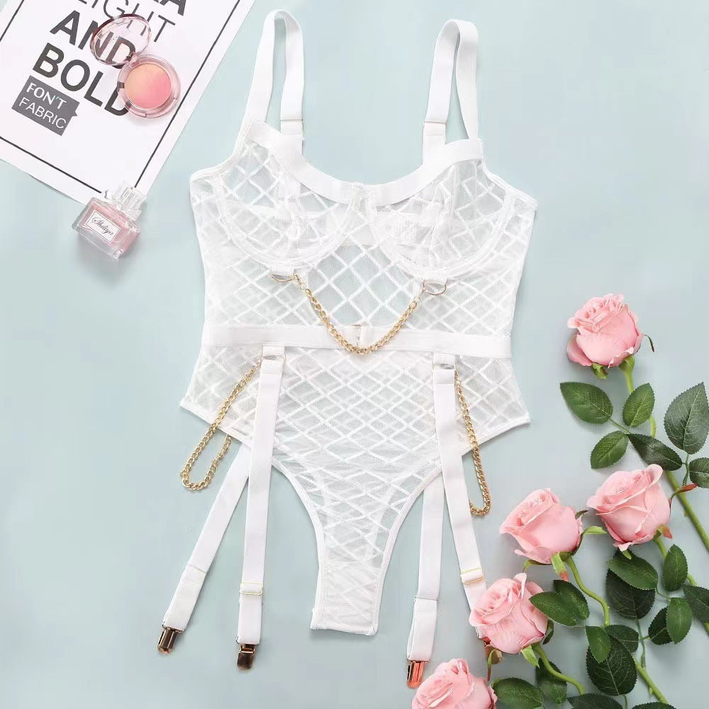 One-piece Lingerie Metal Chain Grid Passion