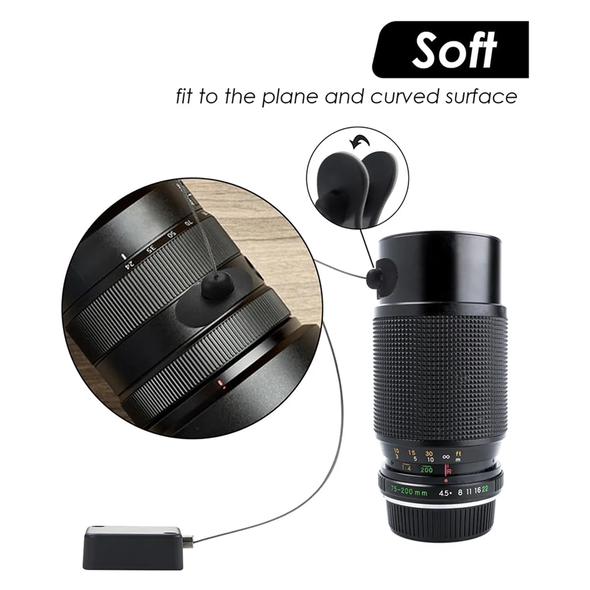 Camera lens with soft material feature on a white background
