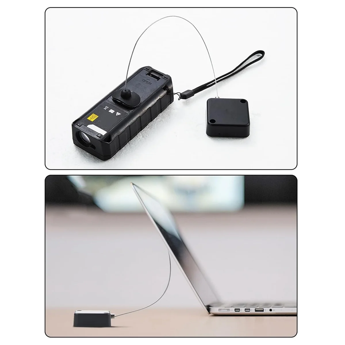 Two black electronic devices with a blurred laptop in the background