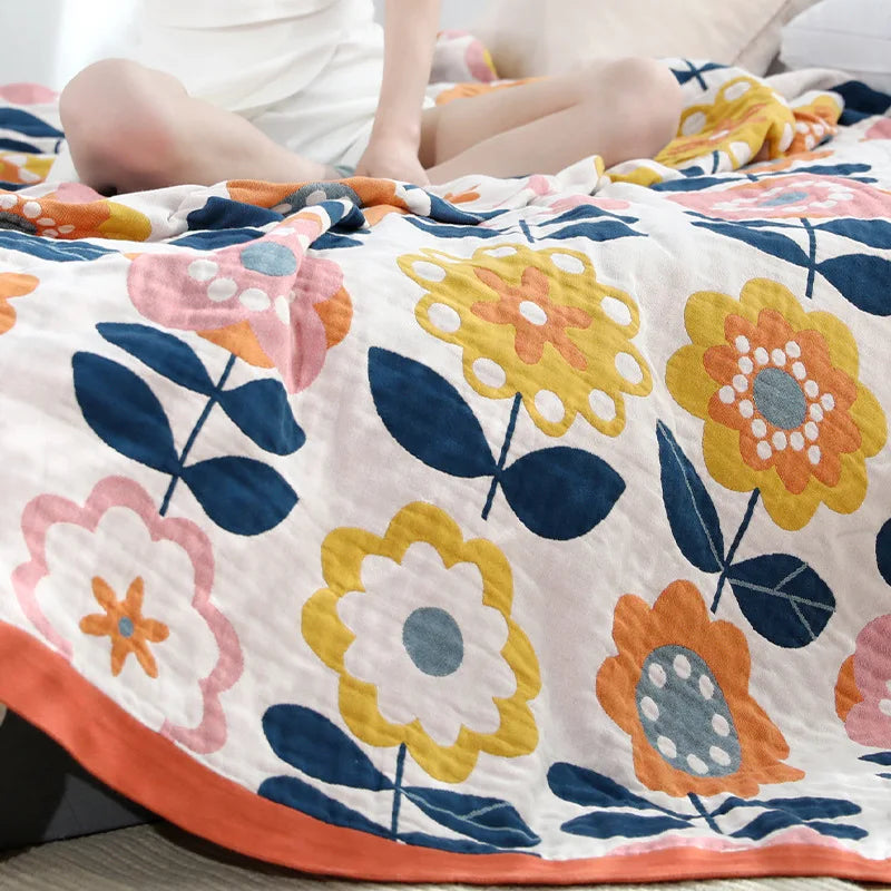 Japanese cotton blankets and throws gauze flowers sofa towel summer  | Yazijico™