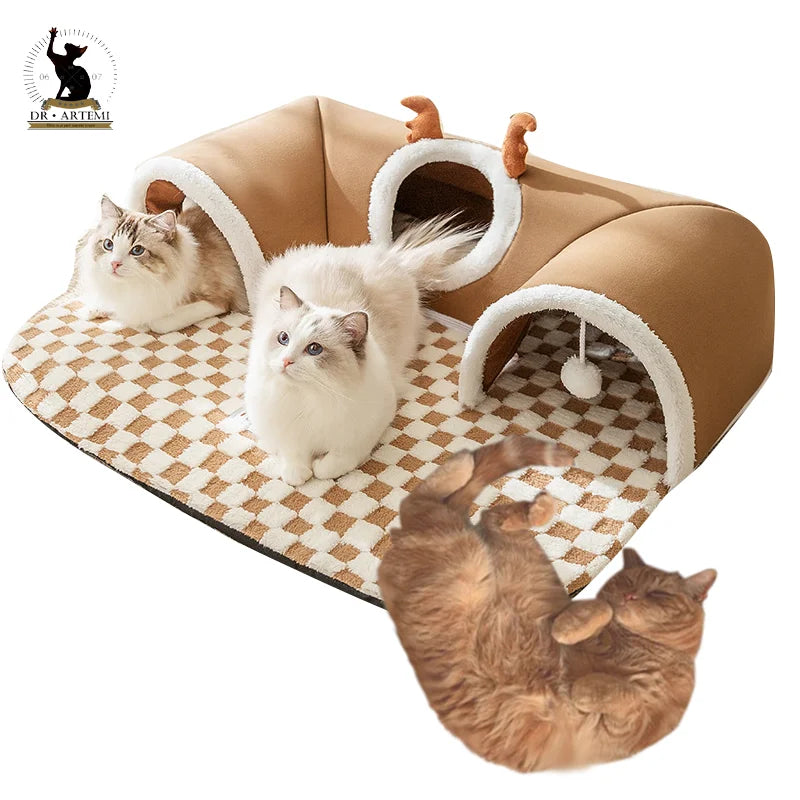 CozyPlaid Tunnel Cat Tunnel with Peekaboo Plush  Yazijico™