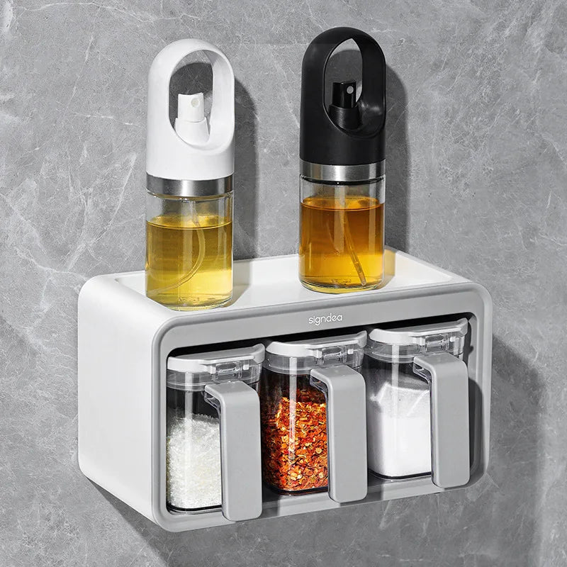Kitchen Organizer Spice Jars Salt Shaker Boxes with Spoon Wall Mouted Kitchen Accessories