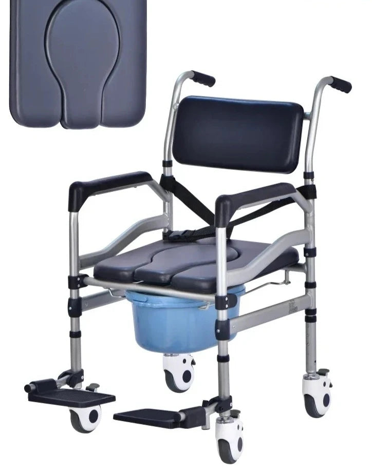 Toilet Chair Hand Pushed Elderly Bathroom Mobile Lavatory Seat For Disabled Patients Adjustable Height Washroom