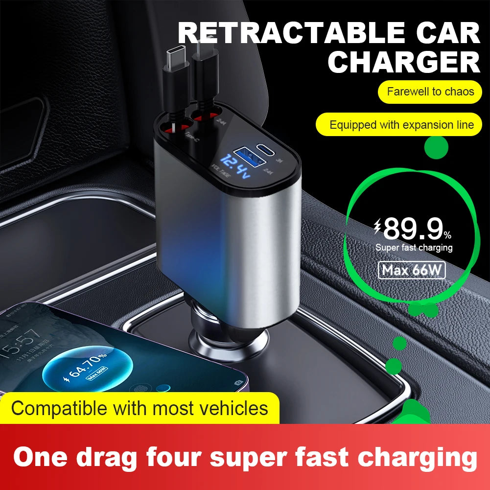 Yazijico™ 120W 4 IN 1 Retractable Car Fast Charger USB - Yazijico™