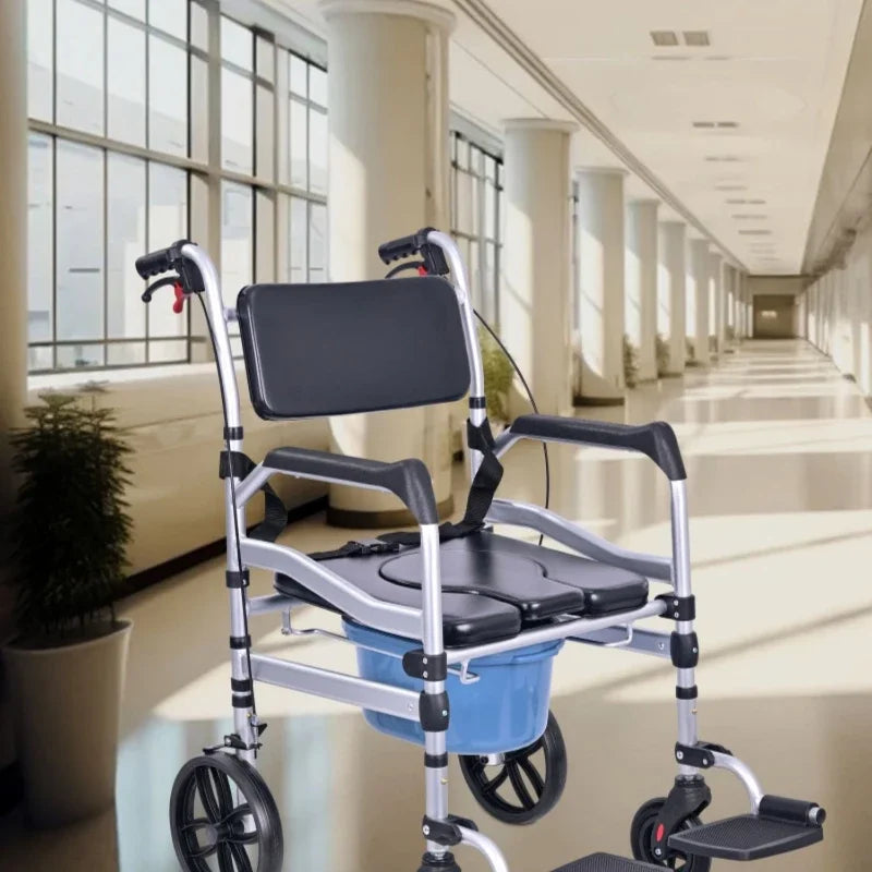 Toilet Chair Hand Pushed Elderly Bathroom Mobile Lavatory Seat For Disabled Patients Adjustable Height Washroom
