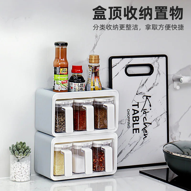 Kitchen Organizer Spice Jars Salt Shaker Boxes with Spoon Wall Mouted Kitchen Accessories