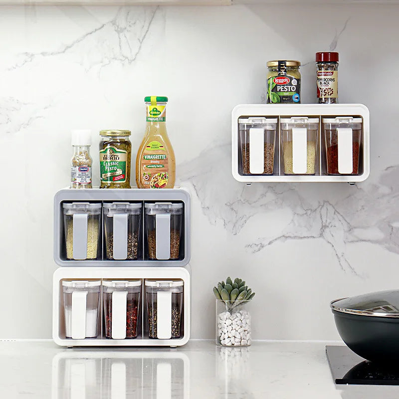 Kitchen Organizer Spice Jars Salt Shaker Boxes with Spoon Wall Mouted Kitchen Accessories