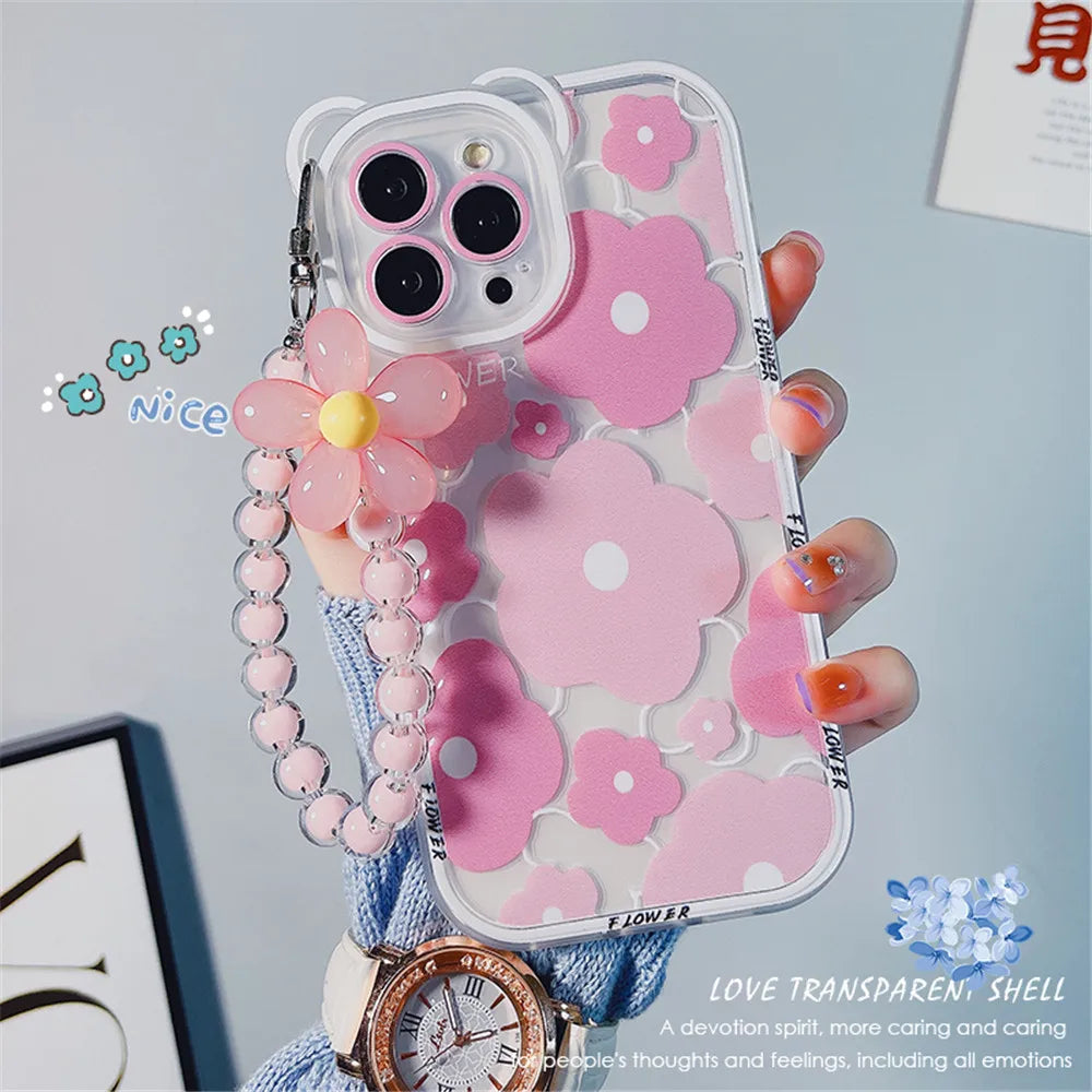 Cover Phone Bear Ear Flower Hang Chain Clear | Yazijico™