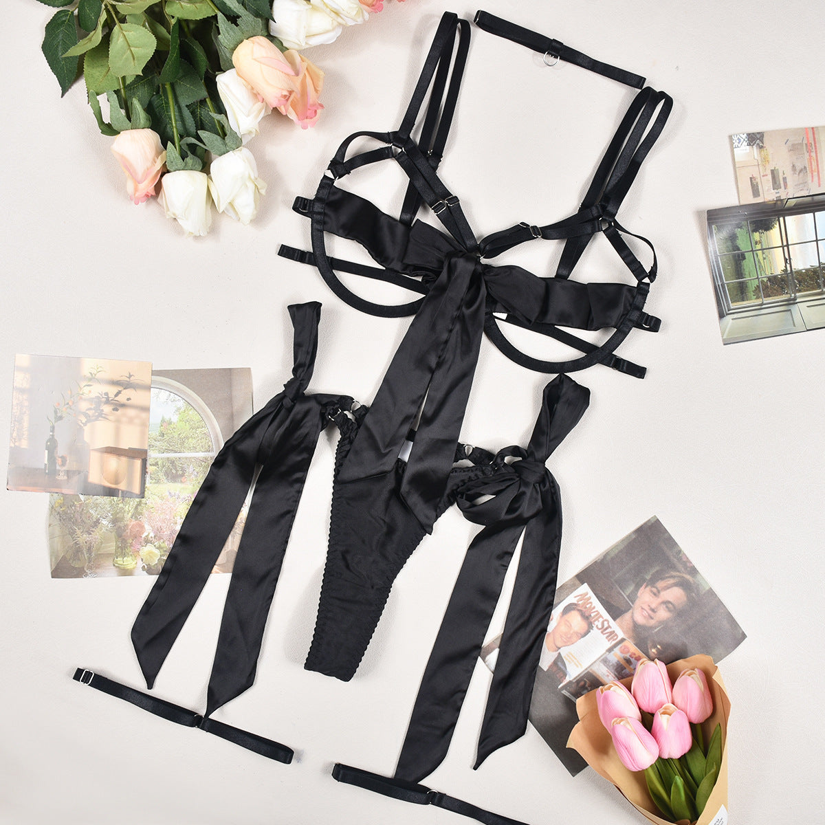 Satin Dew Leg Ring Strap Sexy Lingerie 4-piece