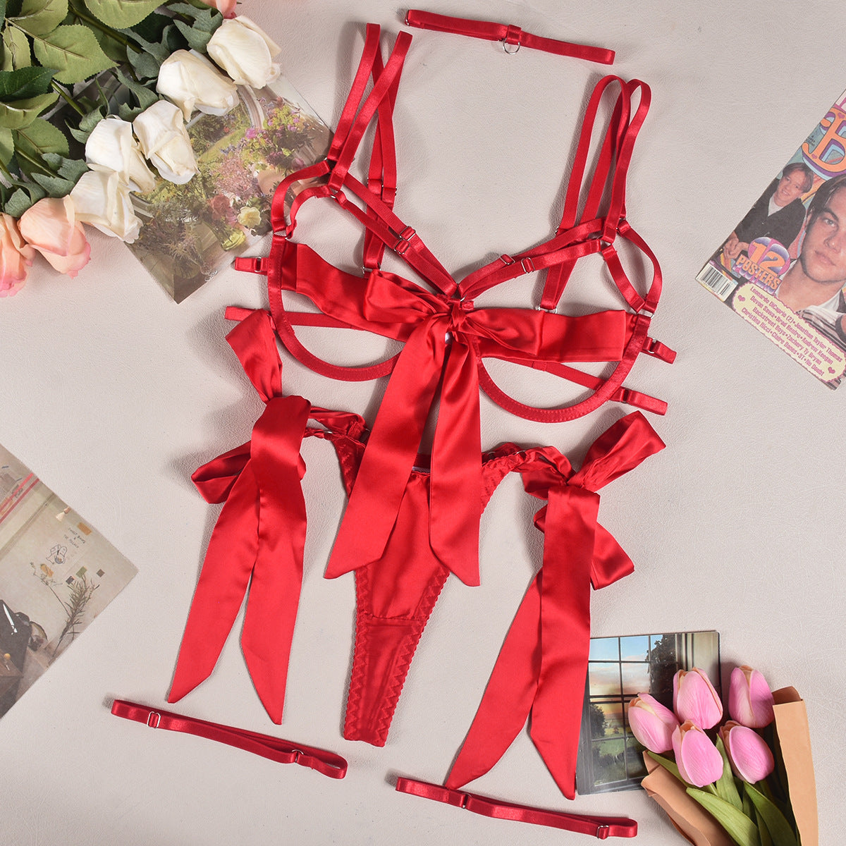 Satin Dew Leg Ring Strap Sexy Lingerie 4-piece