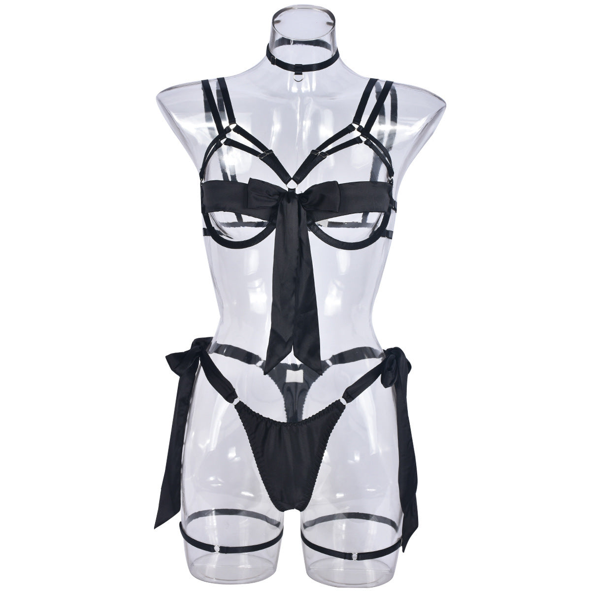 Satin Dew Leg Ring Strap Sexy Lingerie 4-piece