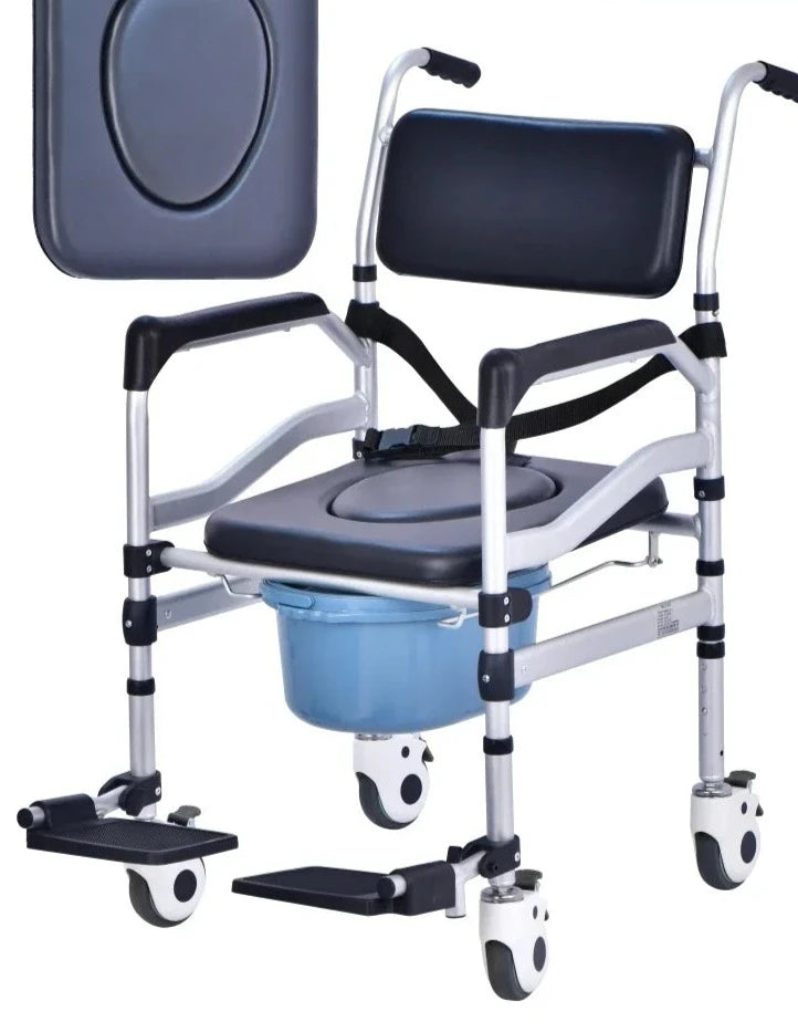 Toilet Chair Hand Pushed Elderly Bathroom Mobile Lavatory Seat For Disabled Patients Adjustable Height Washroom