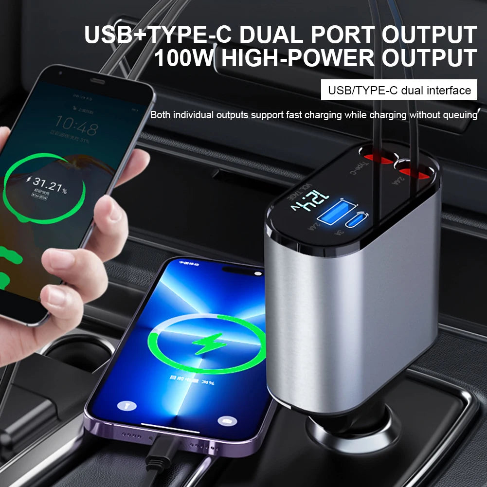 Yazijico™ 120W 4 IN 1 Retractable Car Fast Charger USB - Yazijico™