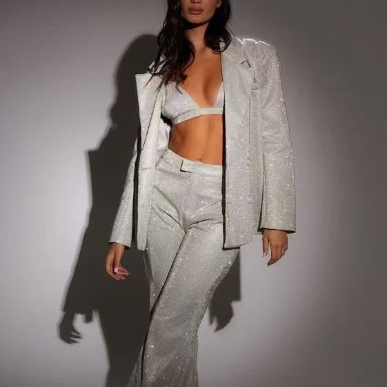 Shiny Suit With Bra Lapel Blazer And Straight-leg