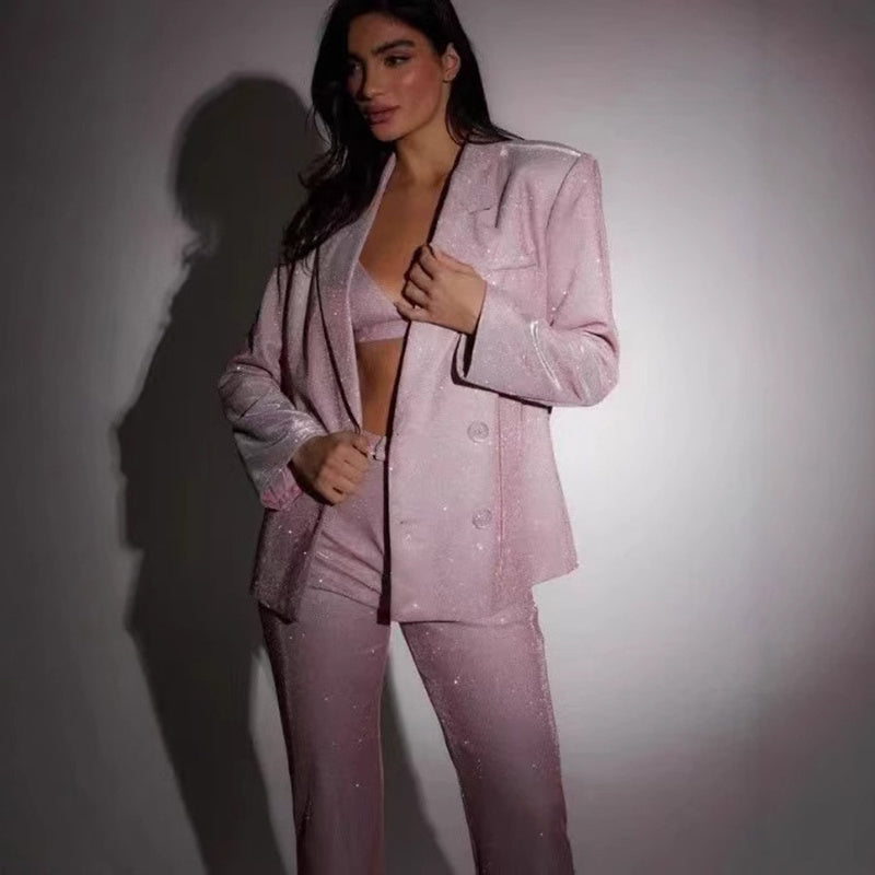 Shiny Suit With Bra Lapel Blazer And Straight-leg
