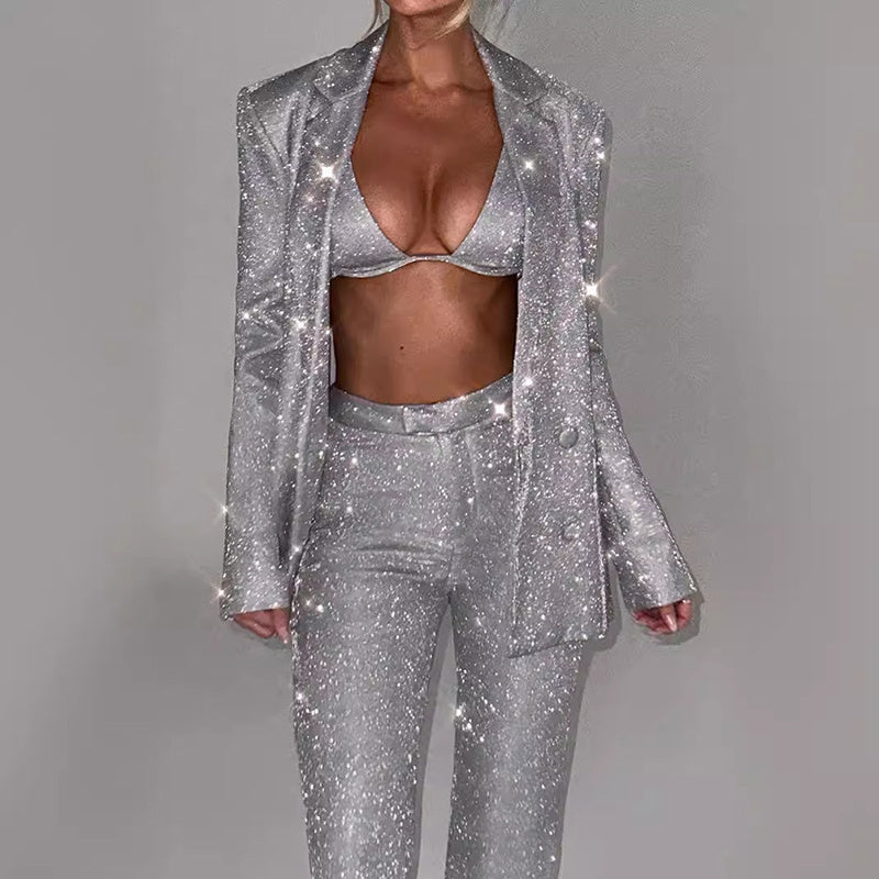 Shiny Suit With Bra Lapel Blazer And Straight-leg