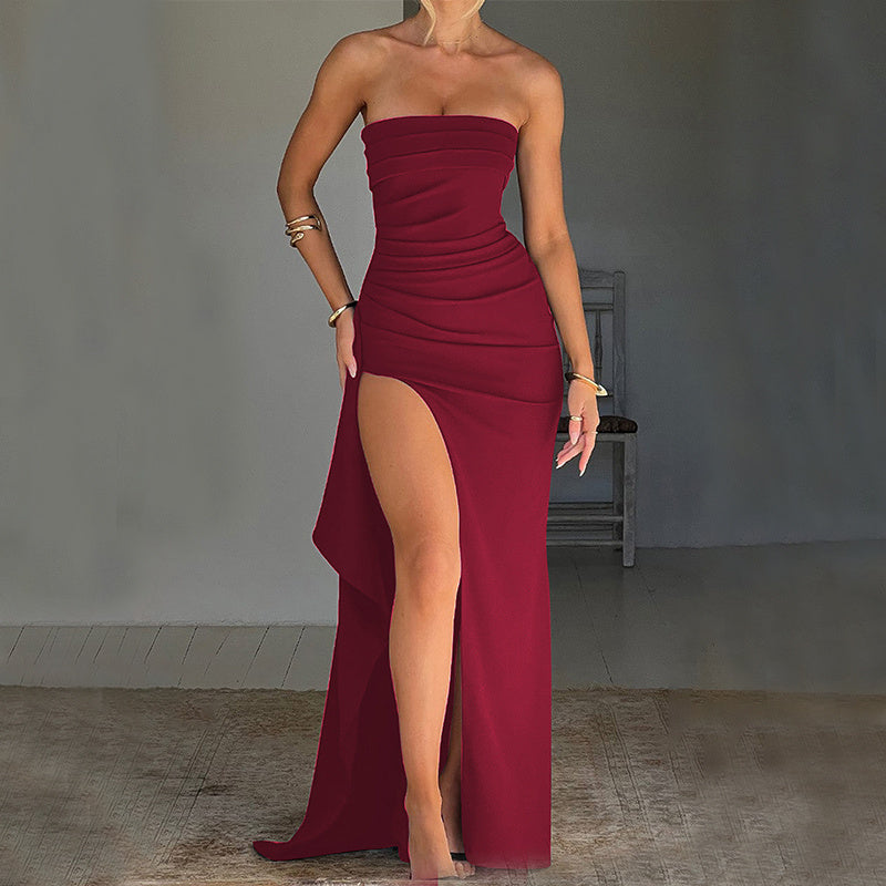 Strapless Split Long Dress Summe Pleated