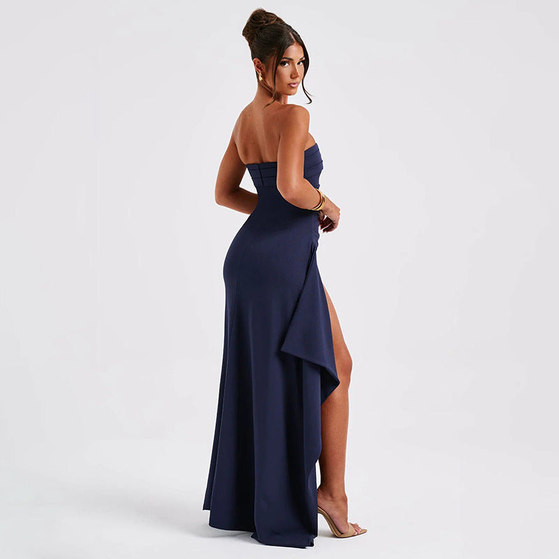 Strapless Split Long Dress Summe Pleated