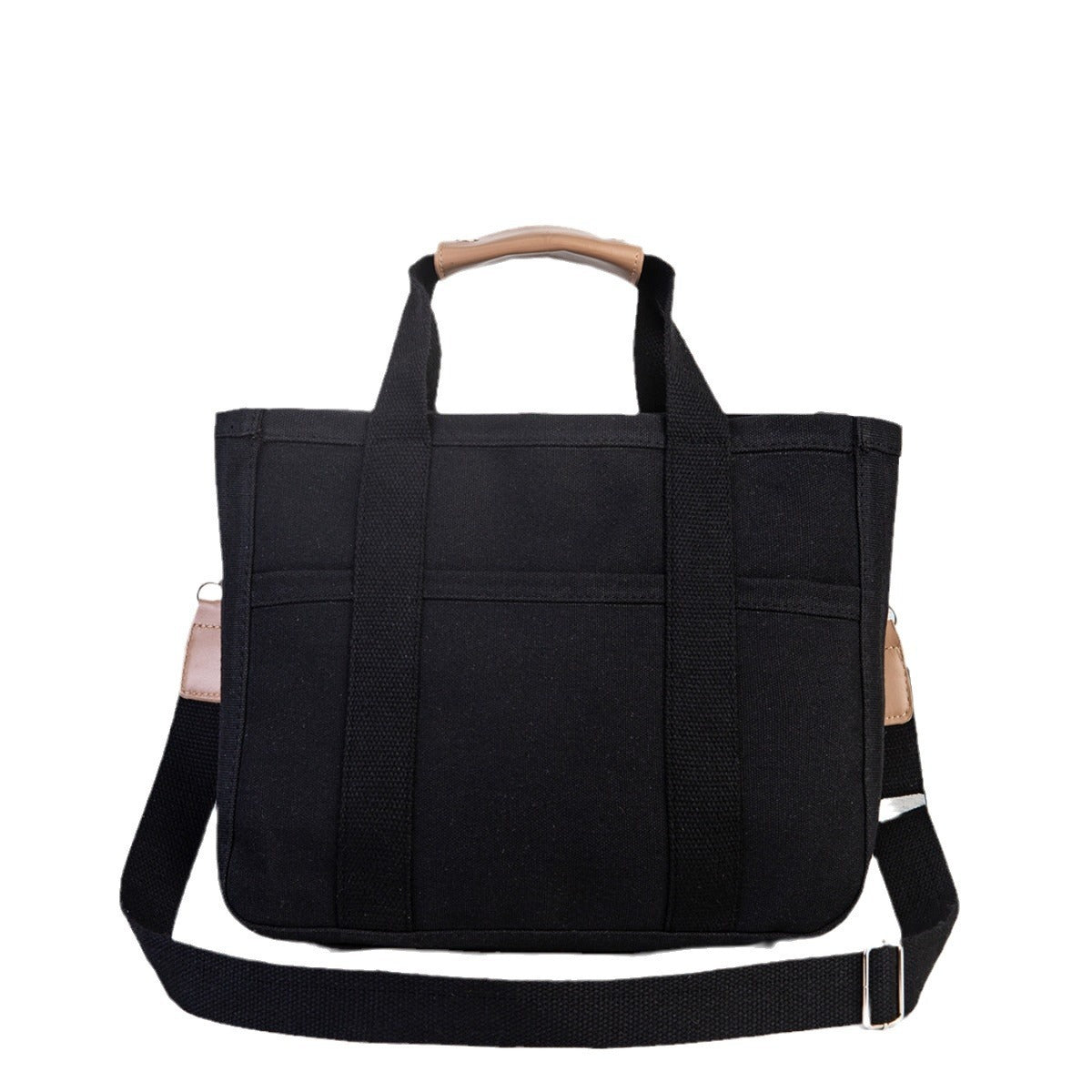 Black tote bag with a wooden handle on a white background