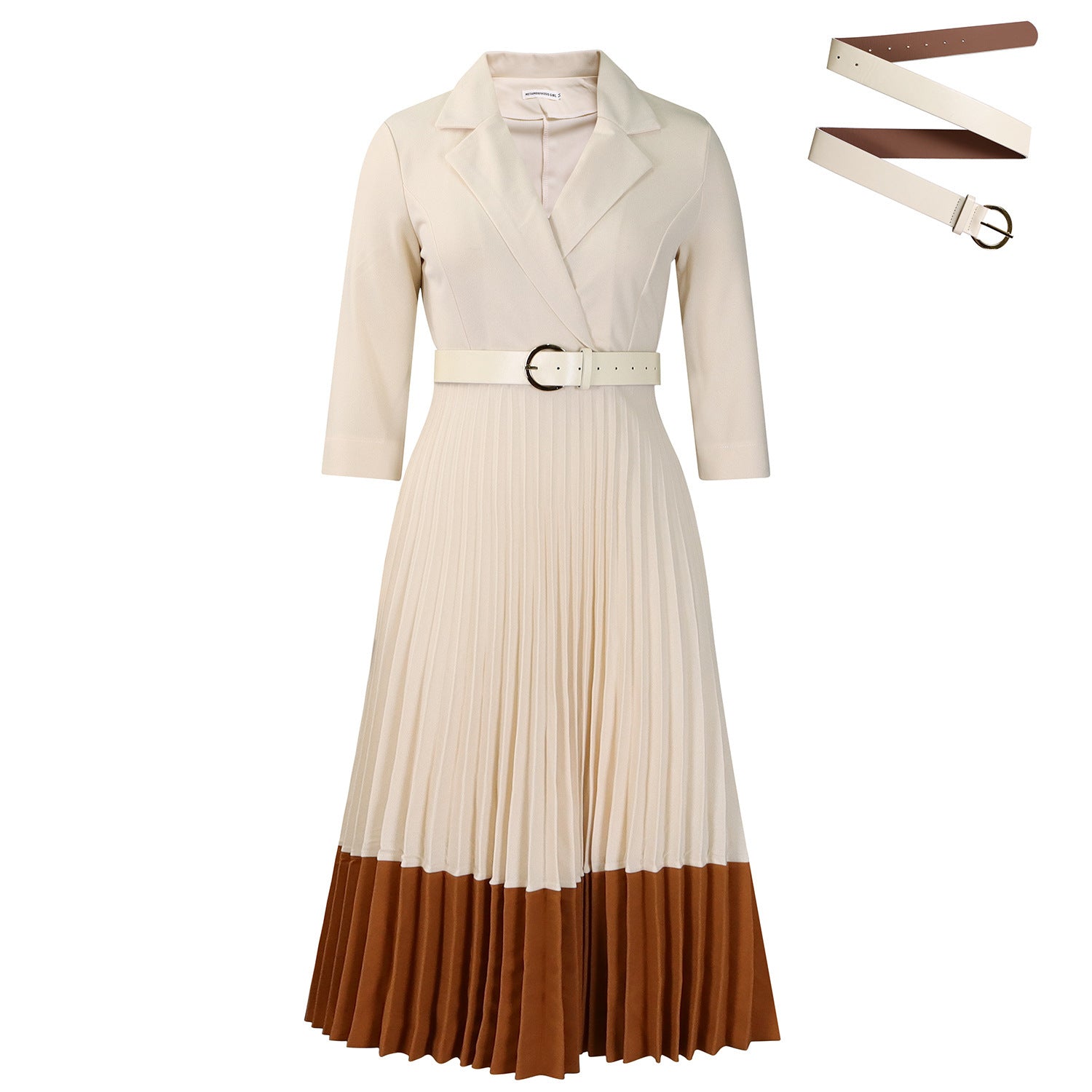 Beige and brown dress with belt on a white background
