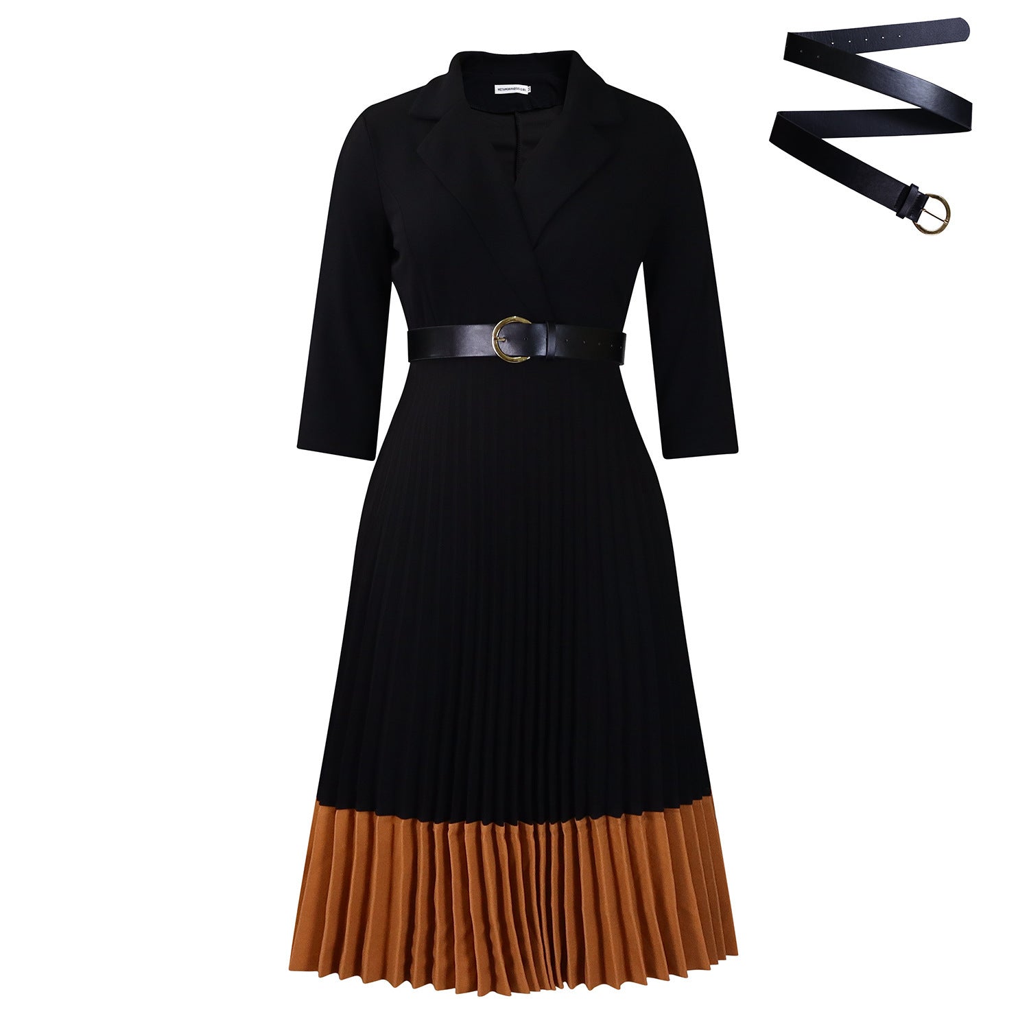 Black dress with brown pleated skirt and belt on a white background