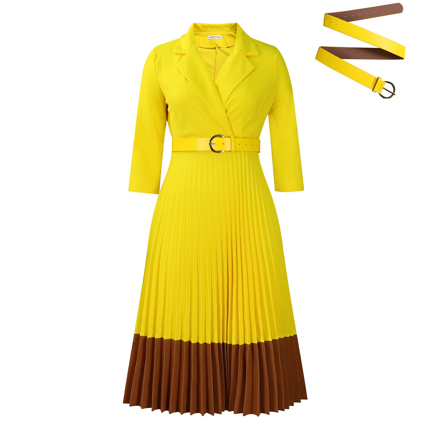 Yellow dress with brown bottom half and matching belt on a white background