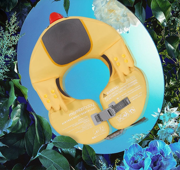 Yellow inflatable neck collar with red button on a blue background surrounded by green leaves and flowers