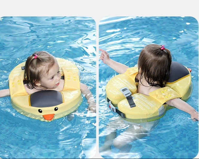 Two images of a child in a pool wearing a yellow inflatable swim ring with a duck design.