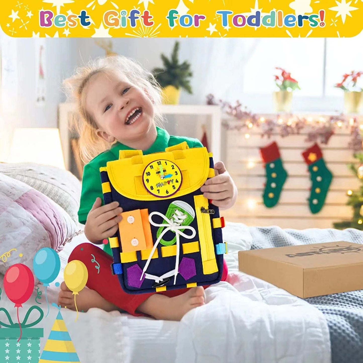 Child holding a colorful toy with a clock design, surrounded by festive decorations.