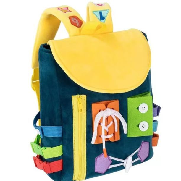 Colorful children's backpack with various compartments on a white background