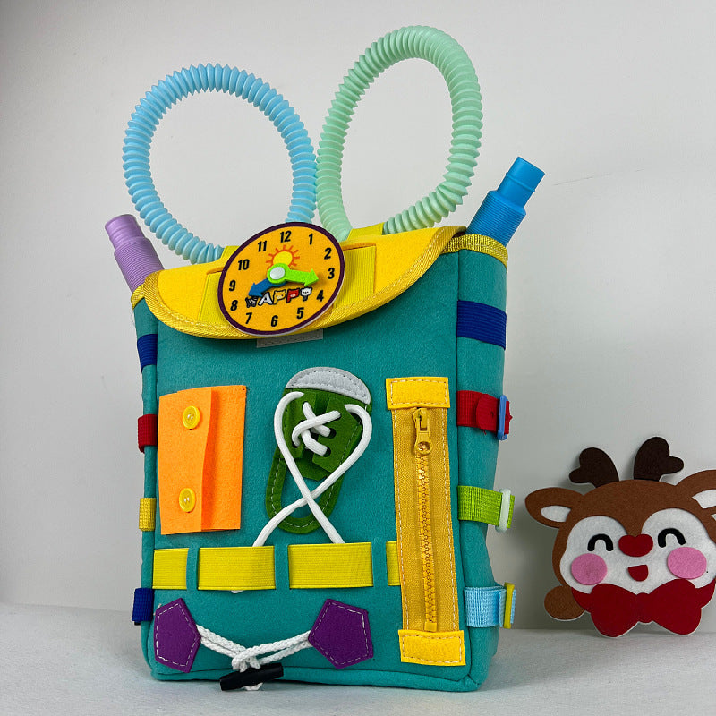 Colorful felt book with various educational elements on a white background