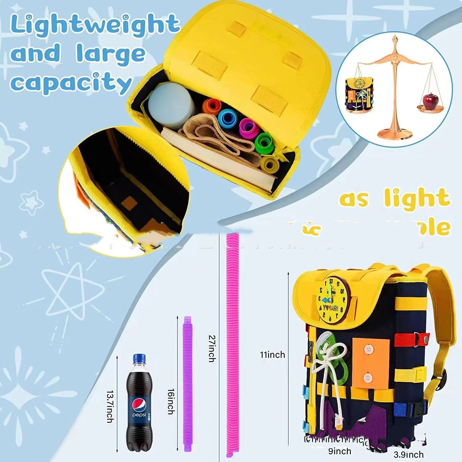 Yellow backpack with colorful compartments on a blue background with text about weight and size.