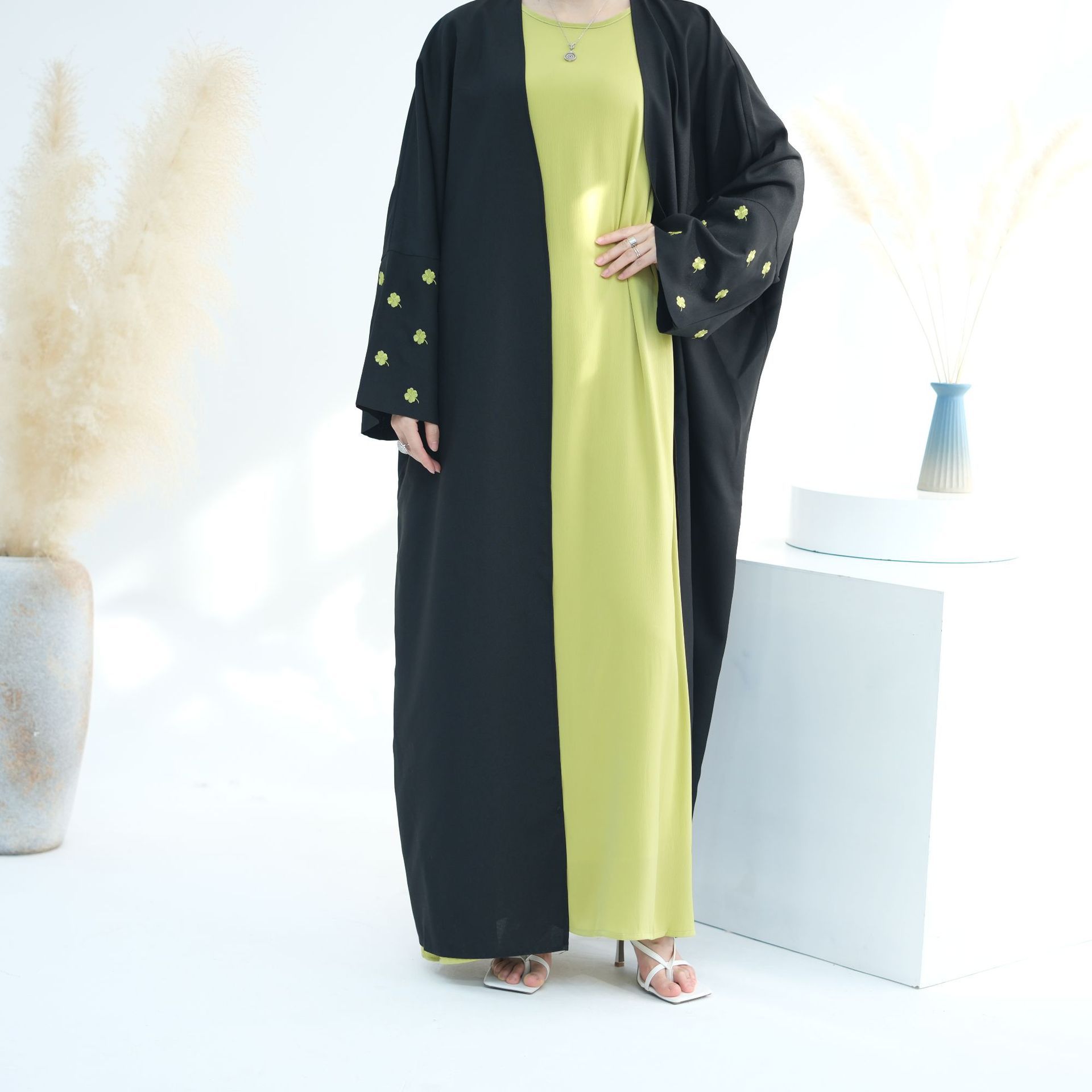 Turkey Dubai Clover Embroidery Elegant Cardigan Dress