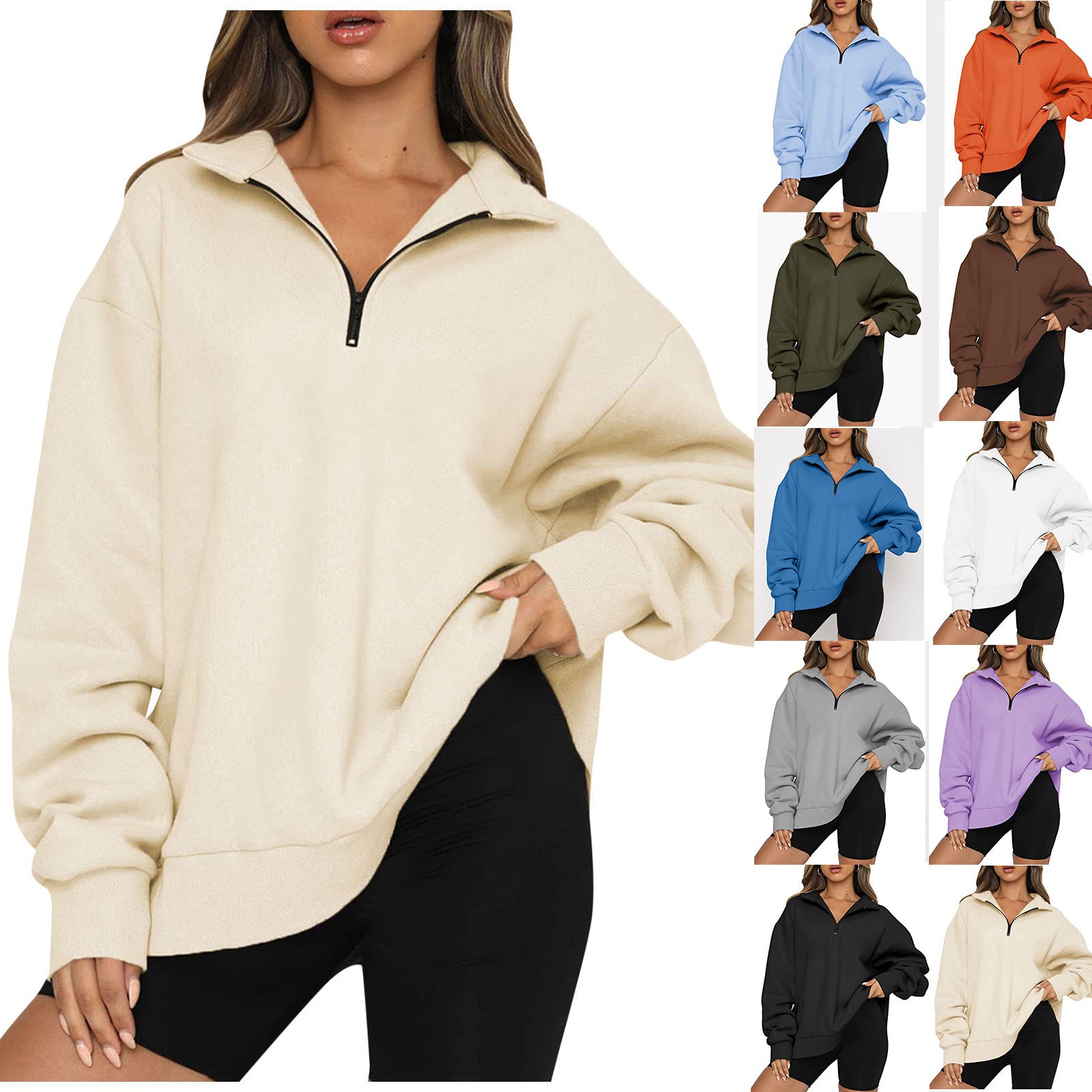 Beige fleece pullover with multiple color options displayed on a white background