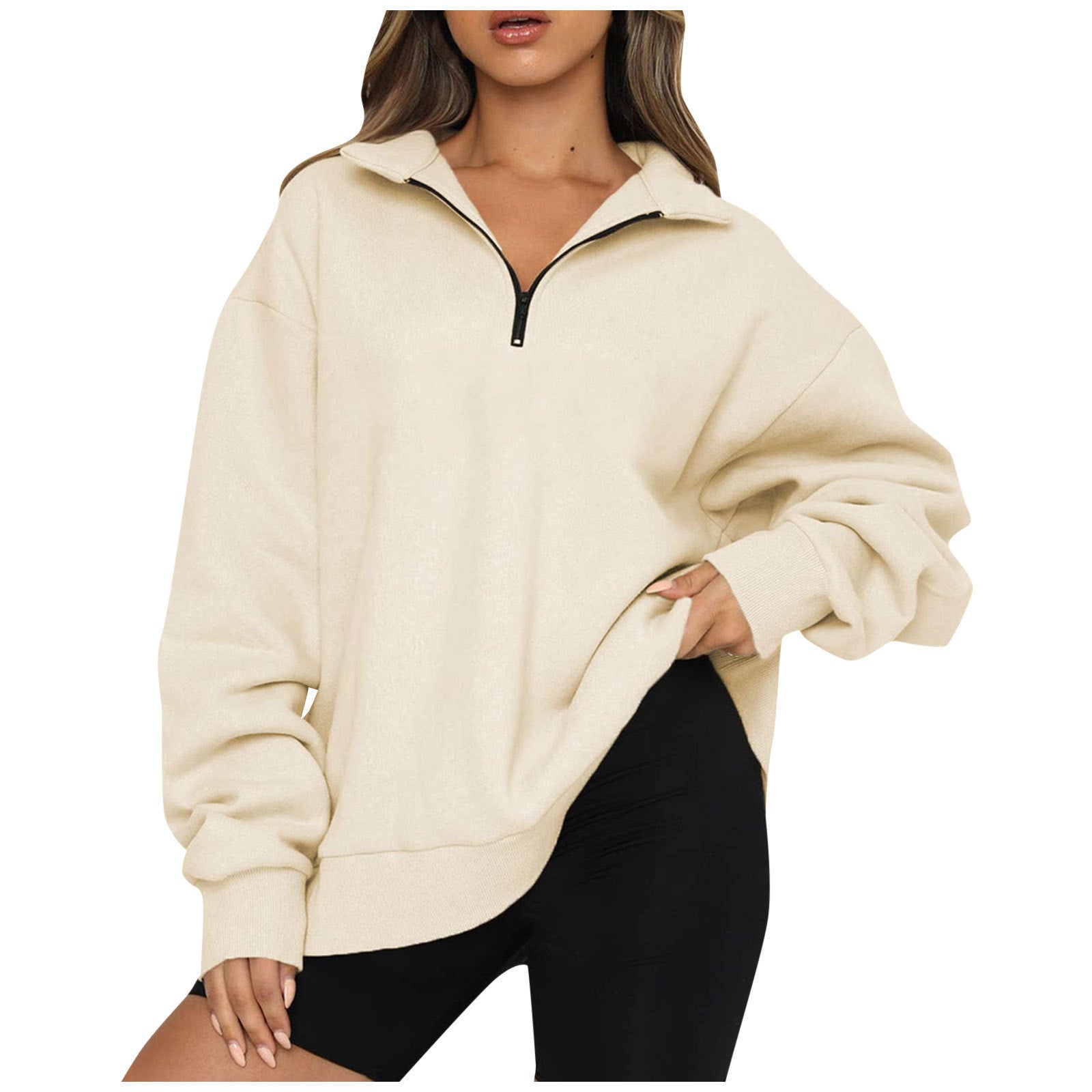 Beige hoodie worn by a person on a white background