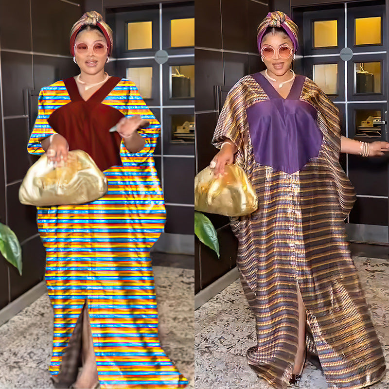 Two images of a woman in traditional attire with a modern setting.