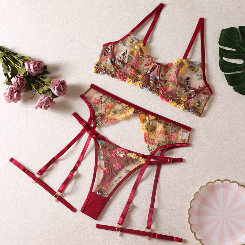 Lingerie Ellolace, ensemble 3 pièces en dentelle transparente brodée | Yazijico™