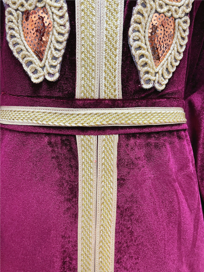 Robe en velours doré à paillettes style arabe du Moyen-Orient | Yazijico™